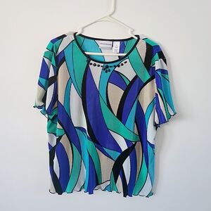 Alfred Dunner Petite PXL Teal/Blue Geometric Pleated FlutterSleeve Beaded Blouse